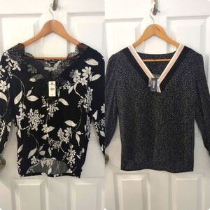 SET OF 2 NWT Express V Neck Neutral Blouses Micro Dot Floral Size S